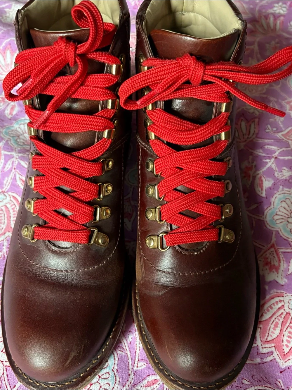 Tory Burch Brown Leather Hiking Boots with Red Laces